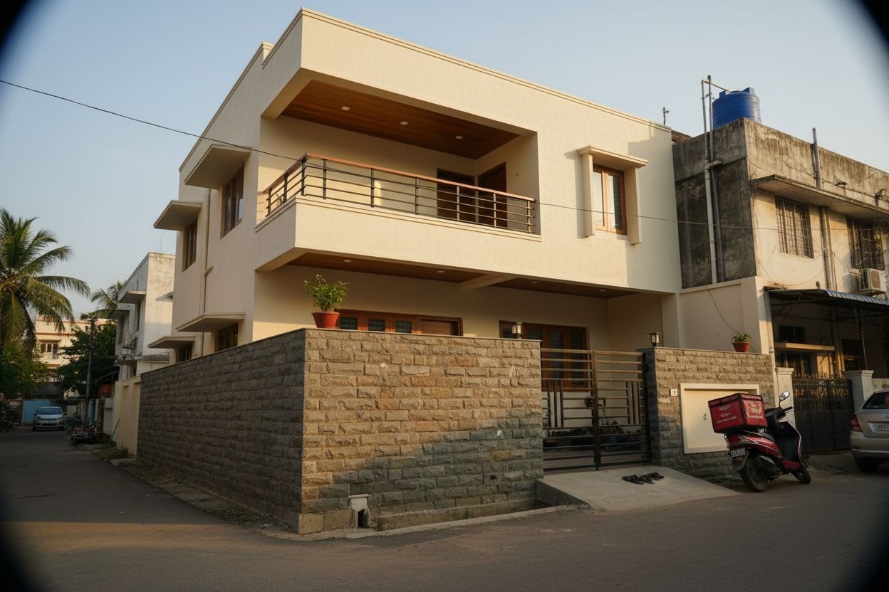 Independent stone-facade home on a corner plot in Anna Nagar