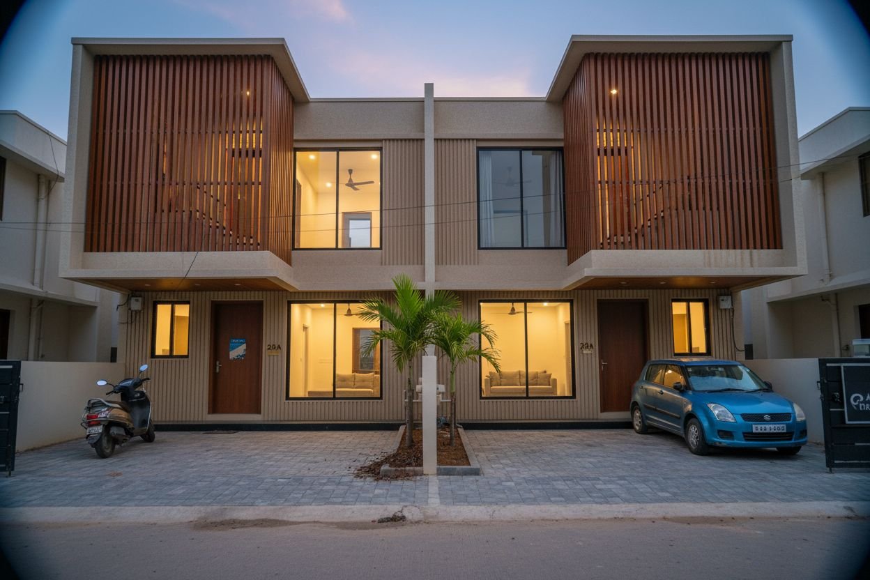 Modern twin-court duplex on OMR at blue hour