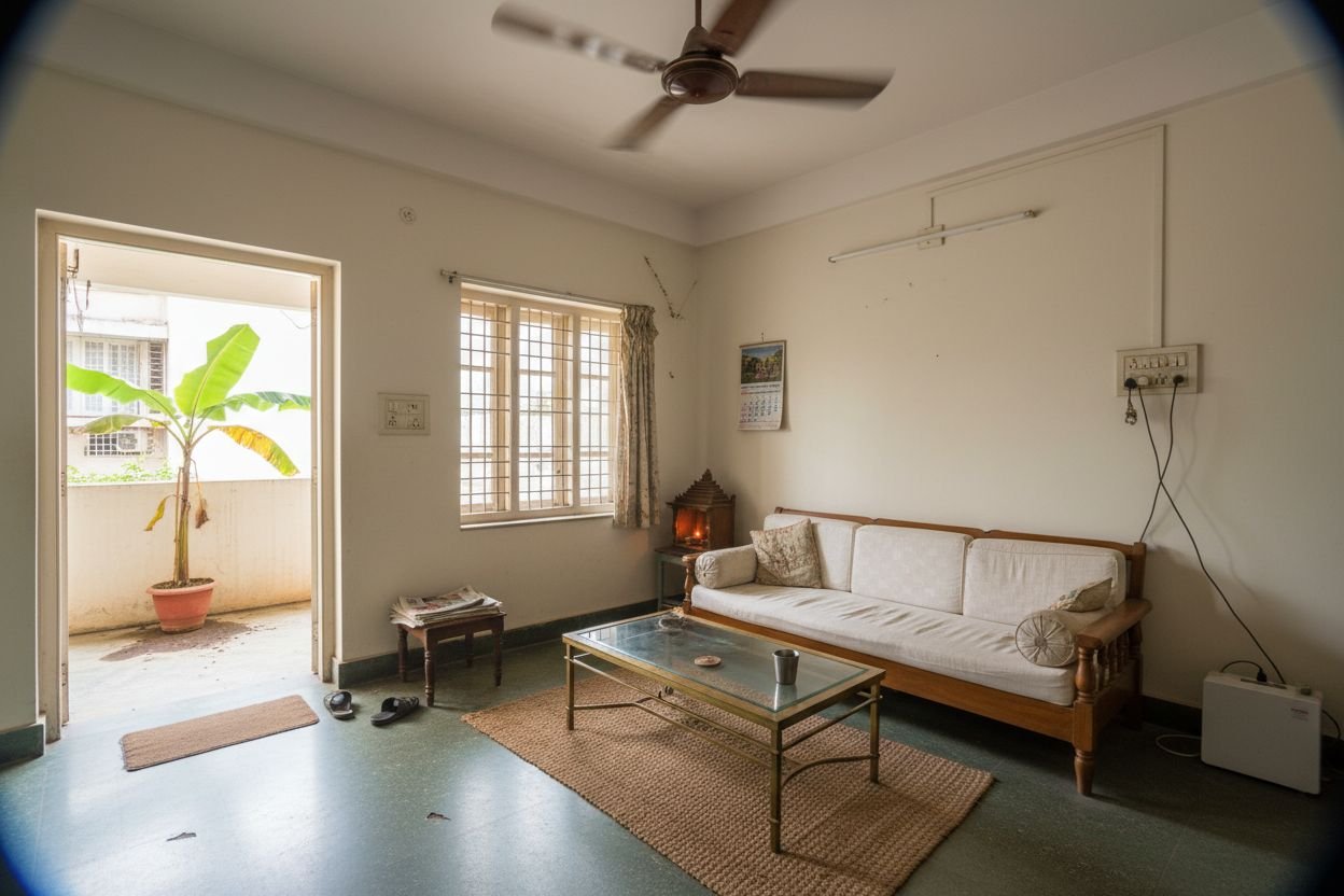 Family living room with ceiling fan, Kota flooring, and a mandir alcove
