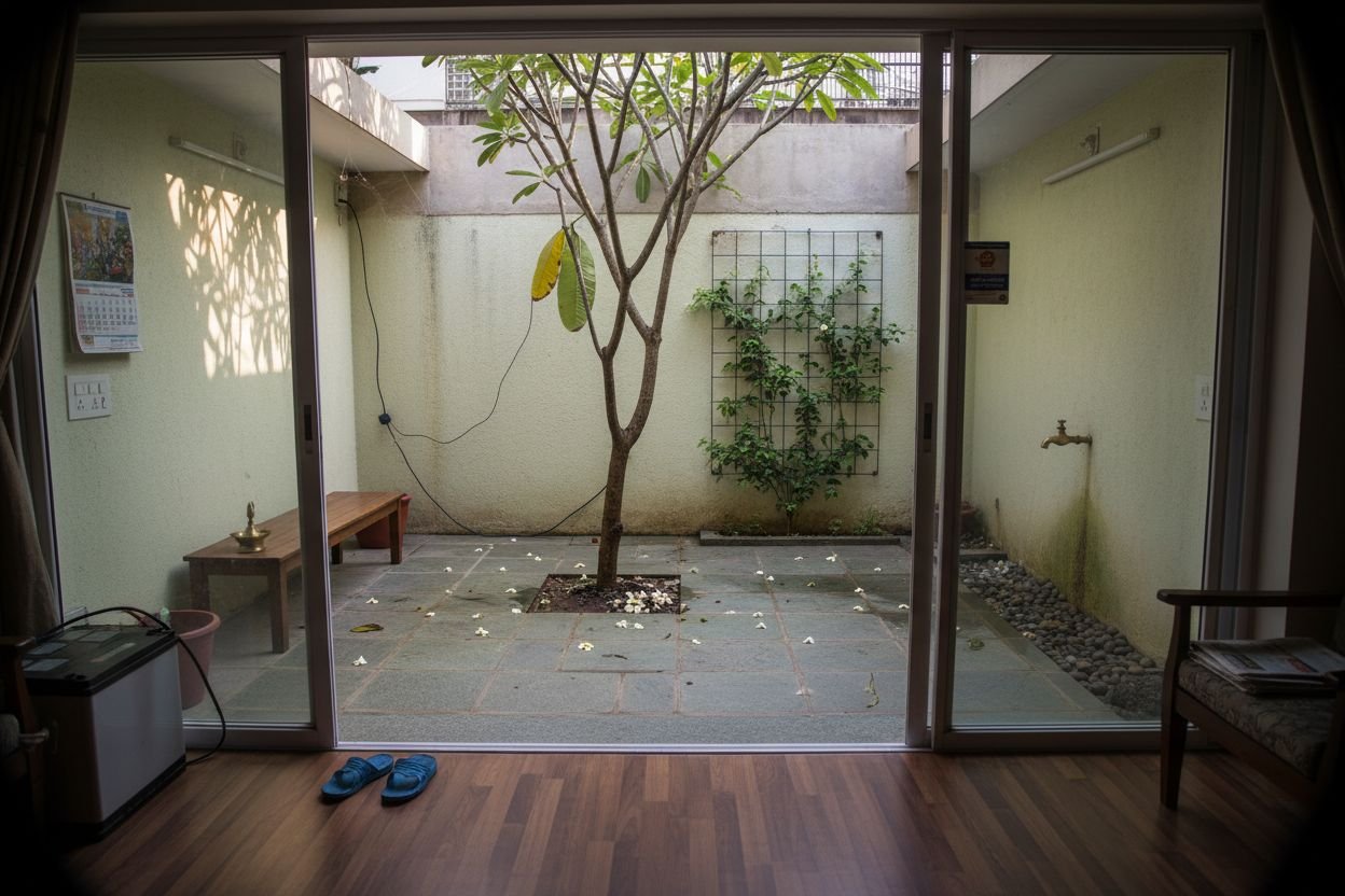 Internal courtyard with frangipani and Kota flagstone, Adyar