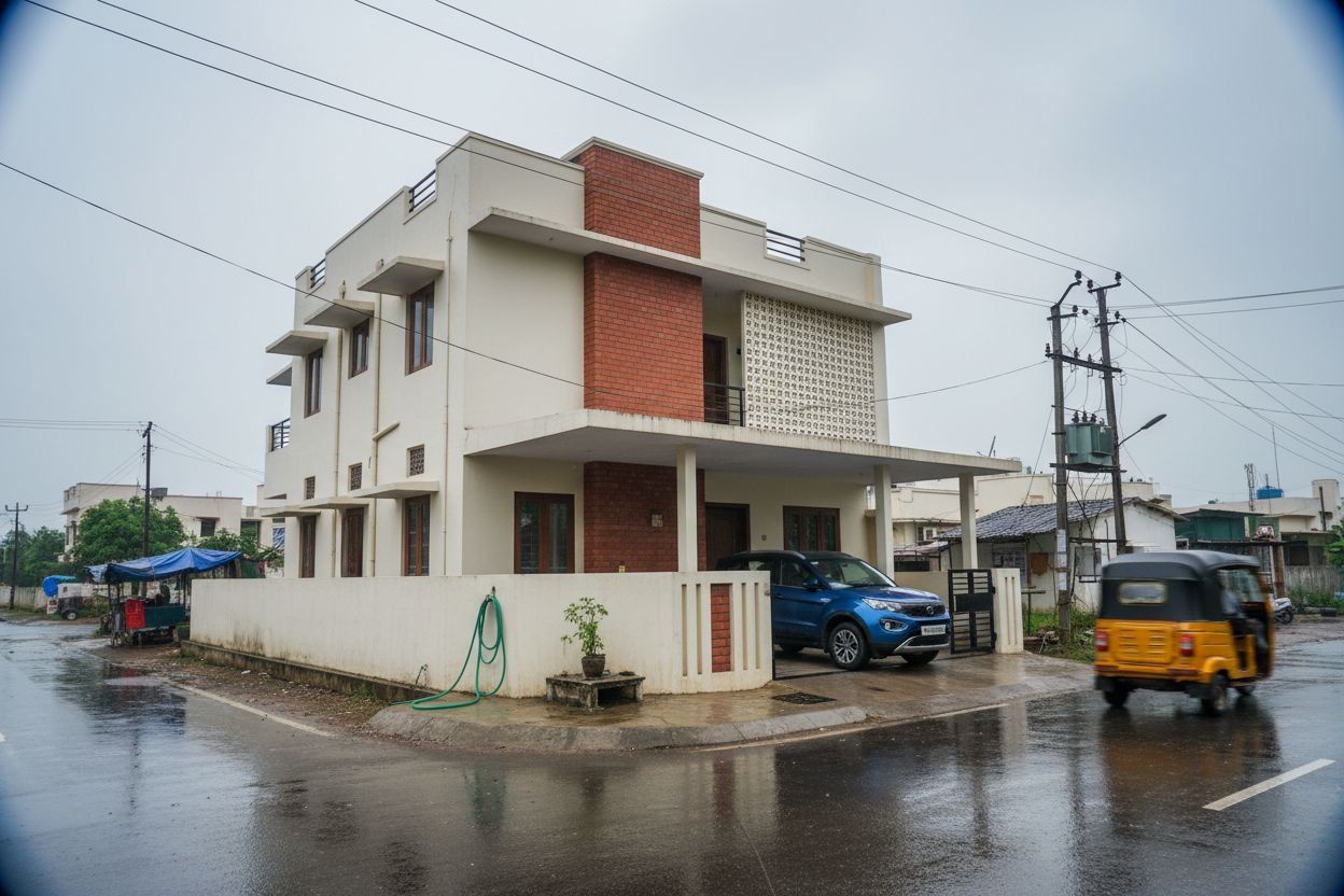 Corner-plot independent home in Porur with car porch, tulsi platform, and wet road after rain