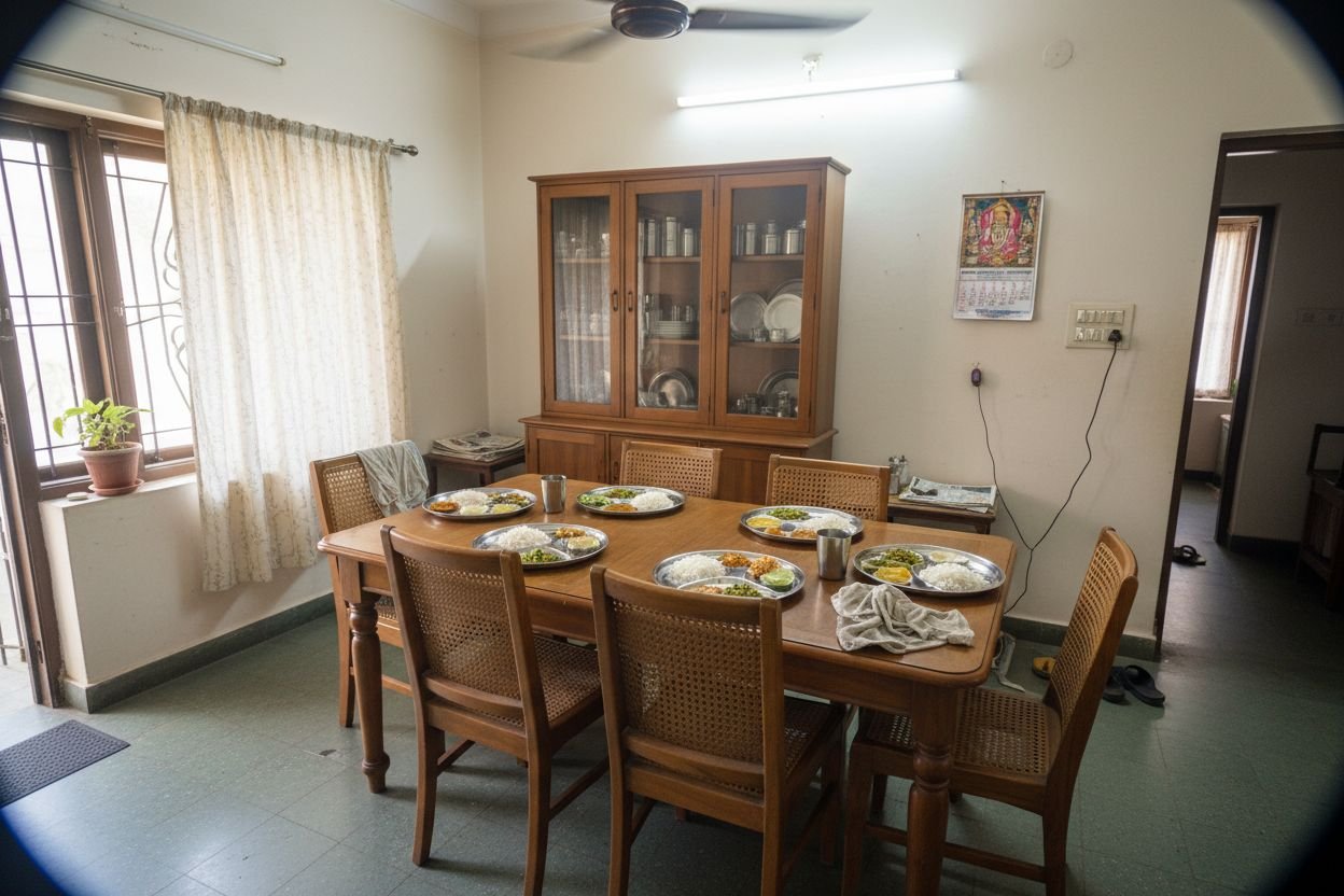 Family dining area with teak six-seater, cane chairs and a South Indian lunch laid out on steel plates