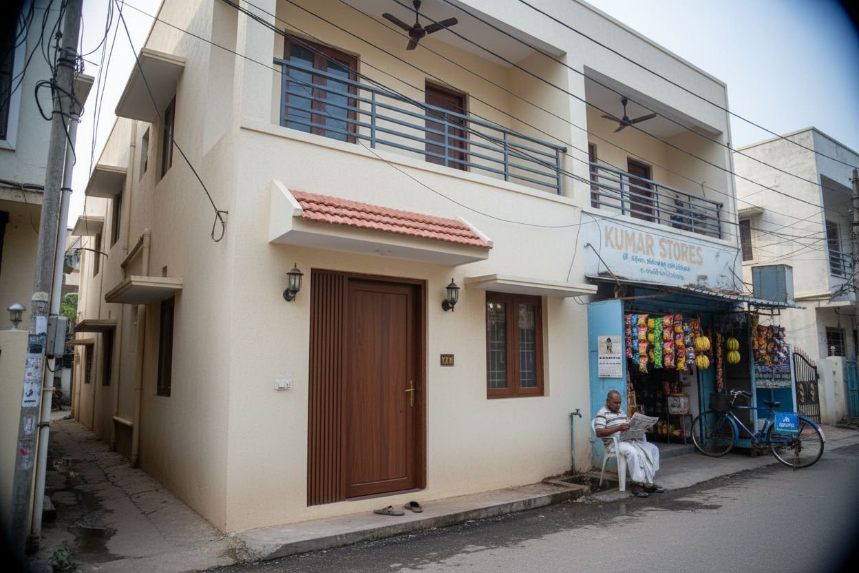 Finished G+1 row-house on a Medavakkam lane with a Tamil petty shop opposite and a milkman's cycle