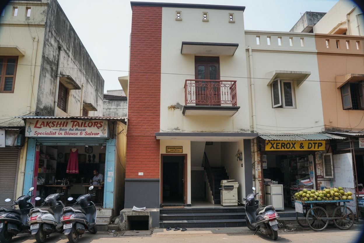 Narrow-plot G+2 home in a T-Nagar side street with Lakshmi Tailors and a Xerox shop crowding the lane
