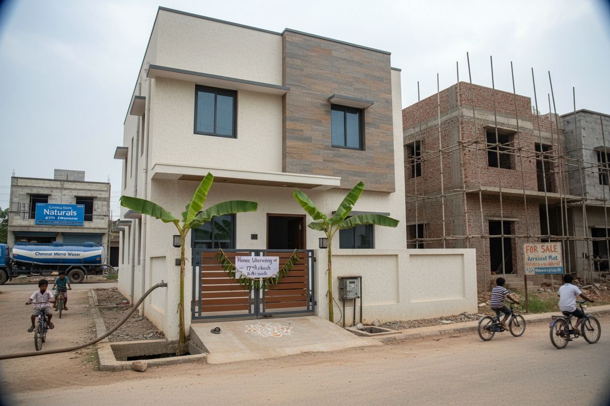 Newly handed-over home in Pallikaranai with mango-leaf thoranam, kolam and under-construction neighbours